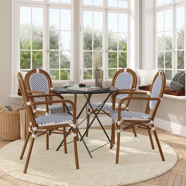 Flash Furniture Lourdes Thonet French Bistro Stacking Chair w/Arms, White/Navy PE Rattan/Bamboo Alum Frame, 4PK 4-SDA-AD642002A-WHNVY-NAT-GG - main